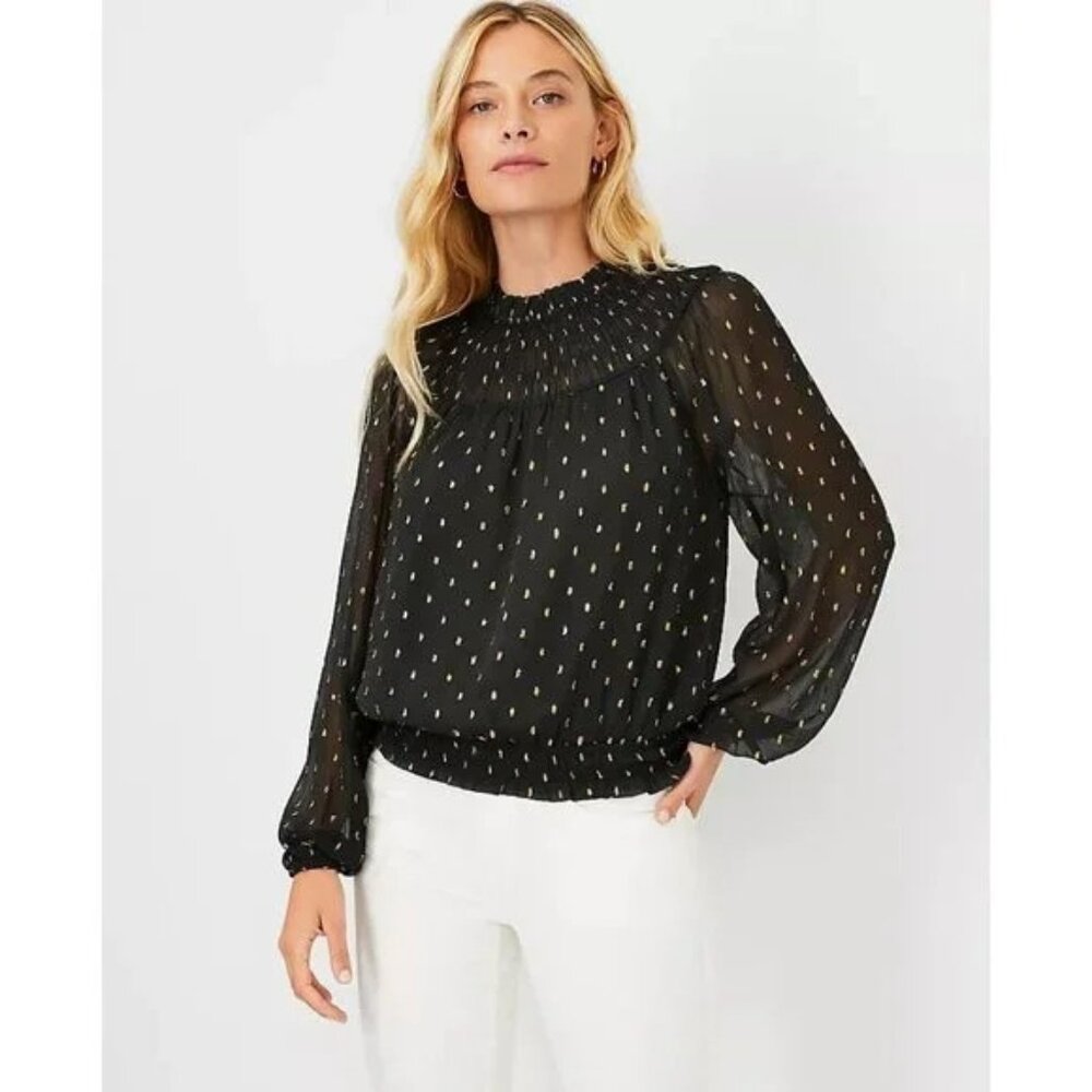Ann Taylor Metallic Clip Smocked Ruffle Neck Top XS